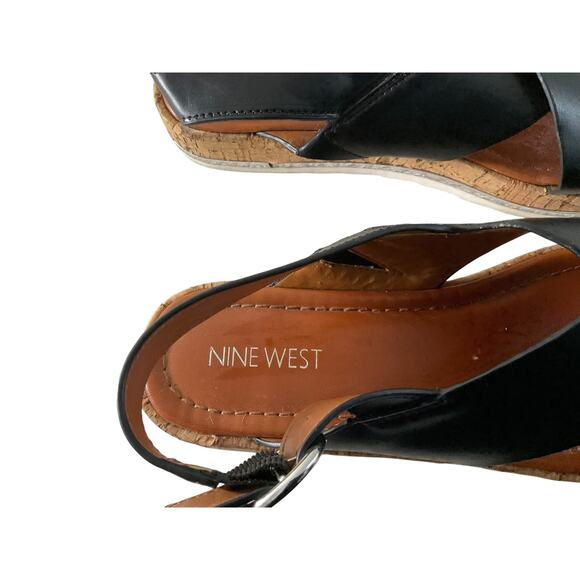 Nine West Shoes Womens Size 7.5 Black Cork Sandal Comfort Slip On Flat Leather - Picture 6 of 8